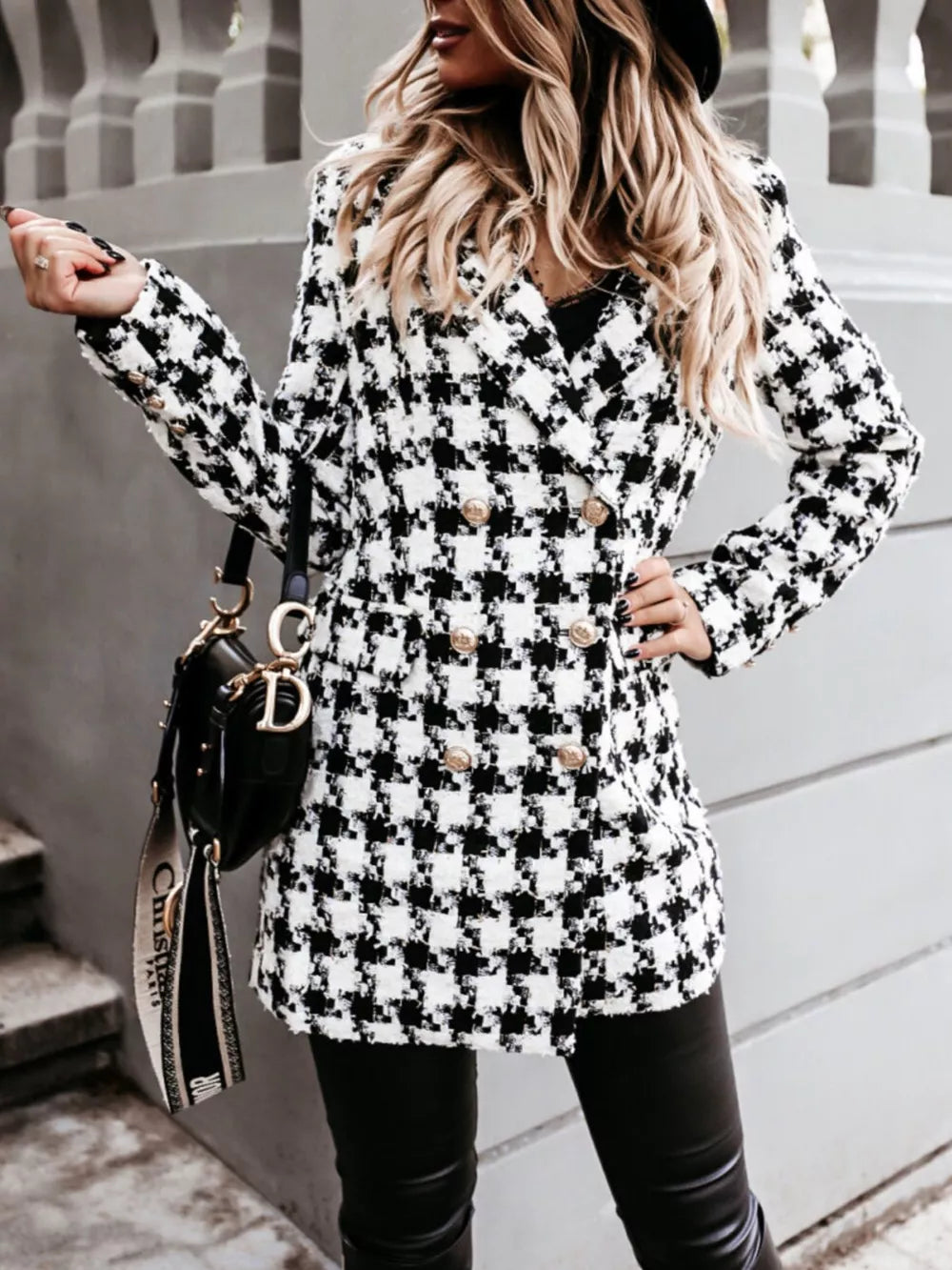 white overcoat featuring double-breasted and houndstooth