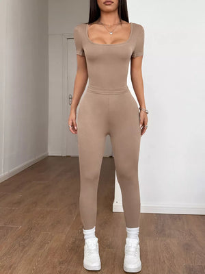 Khaki ribbed short sleeve unitard with a square neckline, paired with matching leggings.