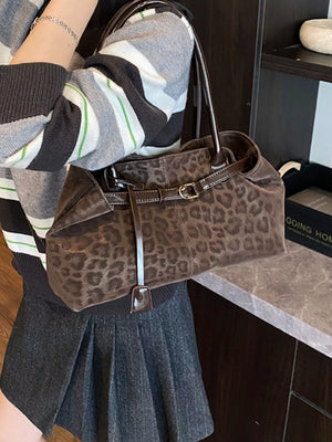 Brown leopard print PU leather shoulder bag with buckle detail and strap