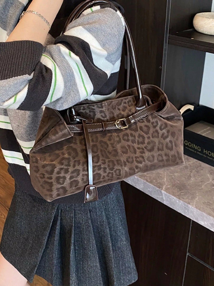 Brown leopard print PU leather shoulder bag with buckle detail and strap