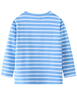 Baby long-sleeve tee in sky blue and white stripes.