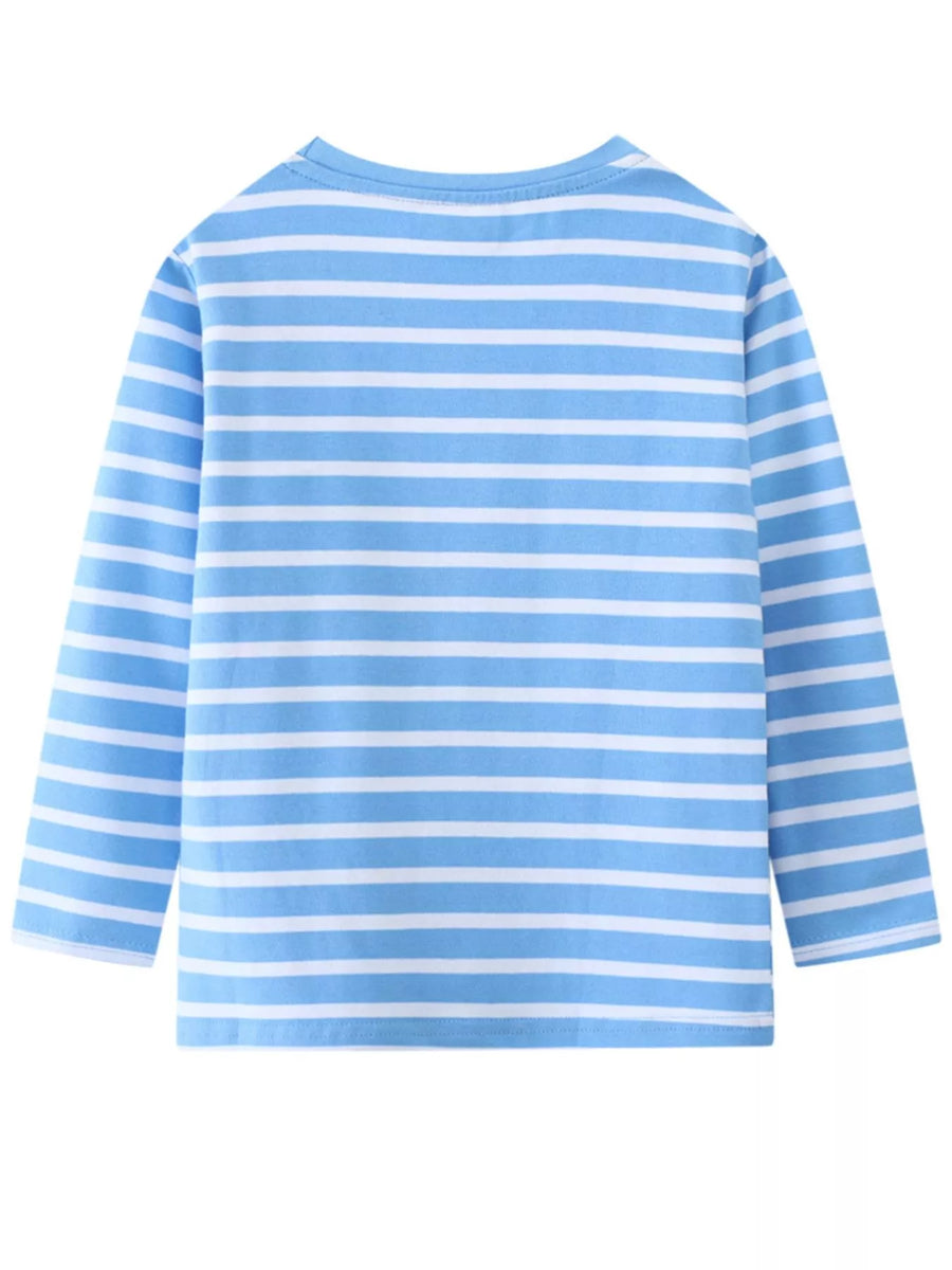 Baby long-sleeve tee in sky blue and white stripes.