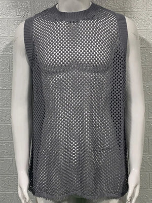 Gray open-knit tank top with ribbed trim and a crew neck.