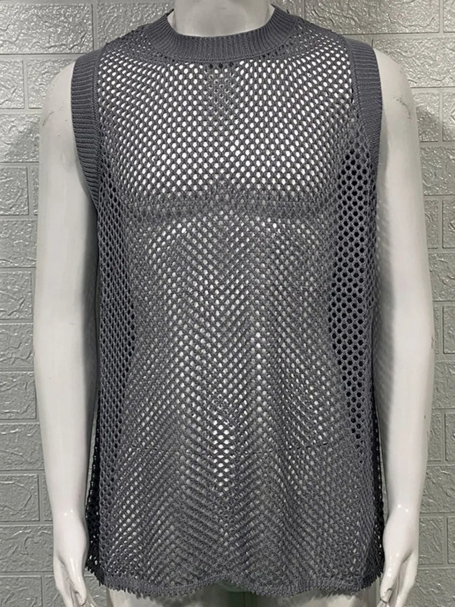 Gray open-knit tank top with ribbed trim and a crew neck.