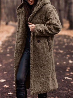 Longline teddy bear coat in brown with hood and button detail.