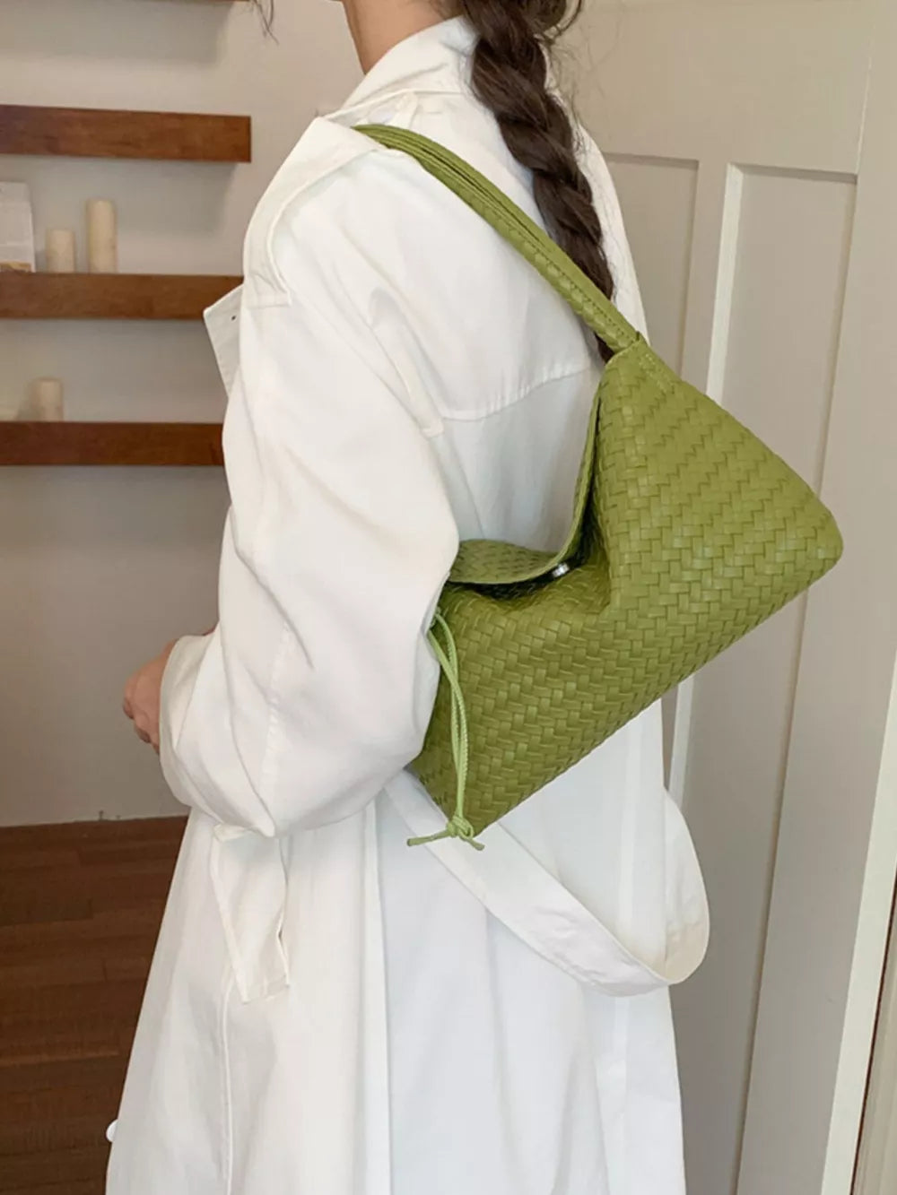 Green Woven Leather Shoulder Bag