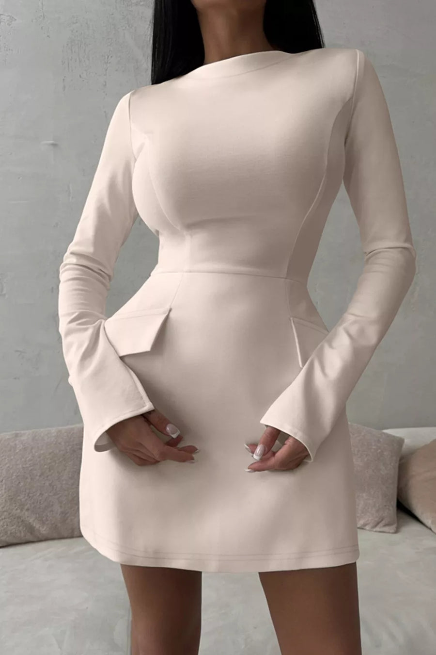 Deep Red Long-sleeve Mini Dress With Flap Pockets
