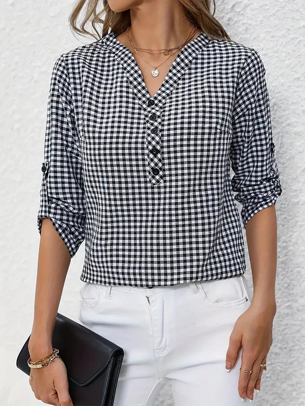 Black Gingham Button Detail Blouse