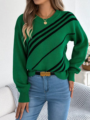 Green striped casual round-neck sweater with black diagonal stripes, acrylic blend.