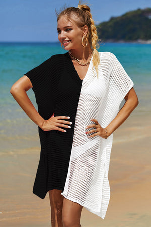 Crochet beach cover-up with black and white color block, V-neck, and short sleeves.