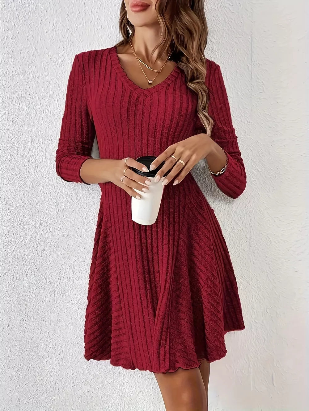 taupe sweater dress with ribbed texture and long sleeve