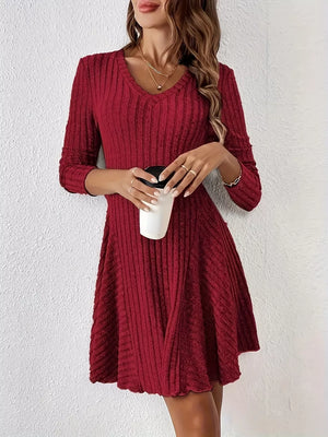 taupe sweater dress with ribbed texture and long sleeve