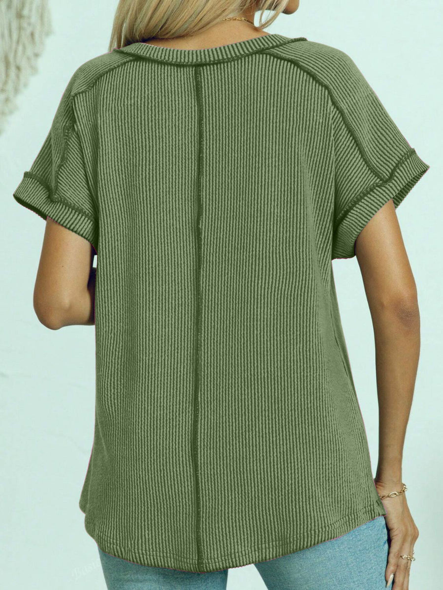 Matcha green ribbed v-neck tee with contrast stitching and cuffed short sleeves.