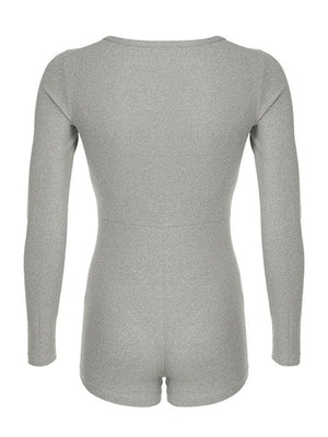 Grey ribbed long sleeve buttoned romper with shorts