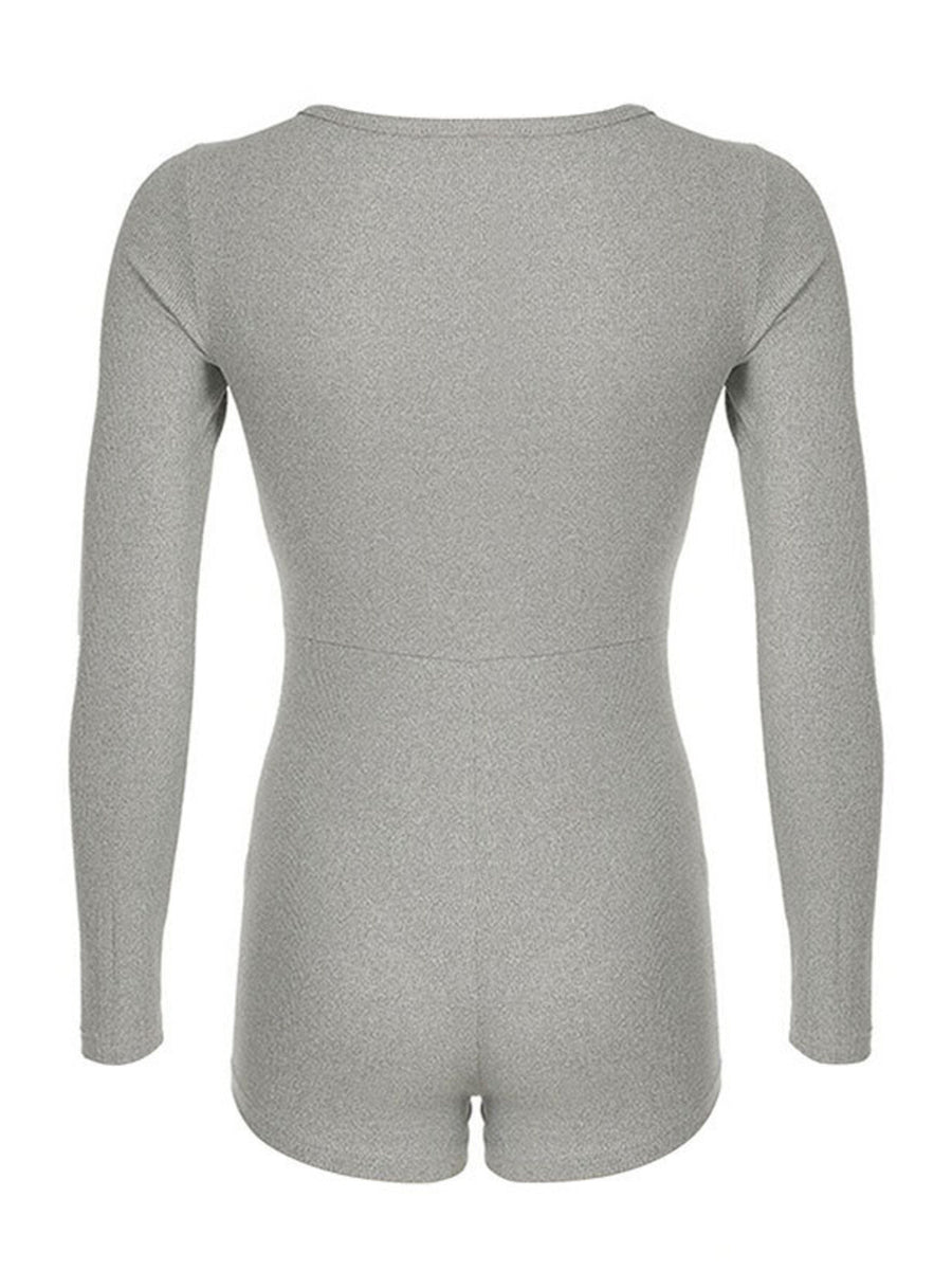 Grey ribbed long sleeve buttoned romper with shorts