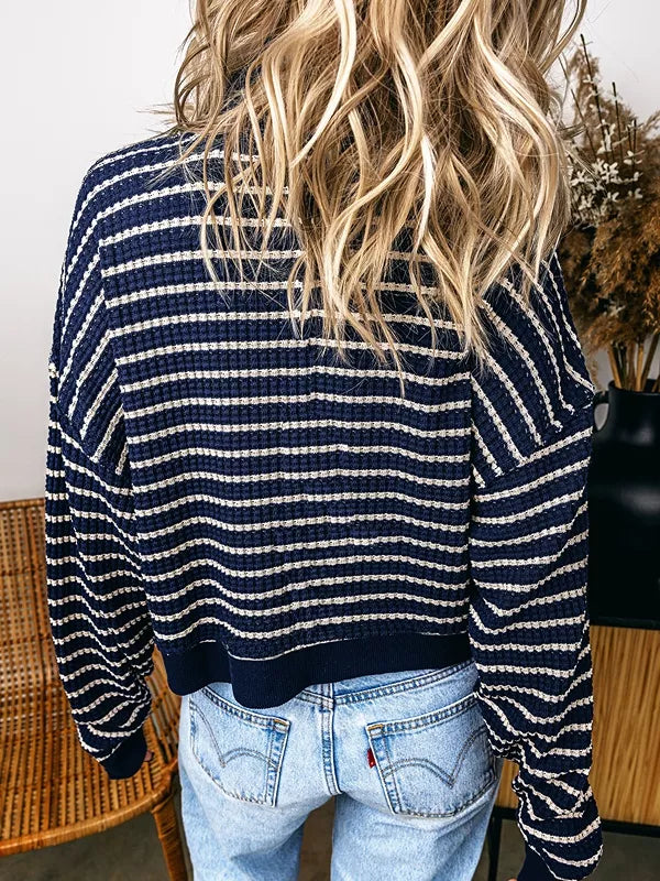 Stripe with Stripe Textured Knit Half Zip Collared Top in Stripe