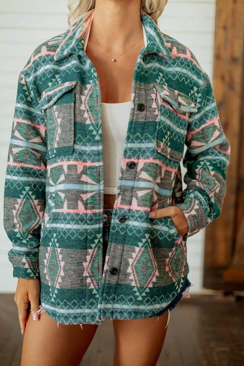 shacket in charcoal with geometric and buttoned