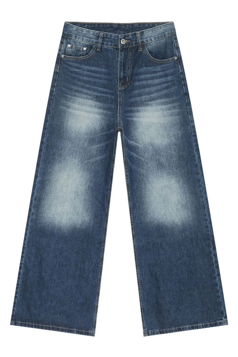 Faded wash balloon leg jeans in medium blue denim with a relaxed fit.