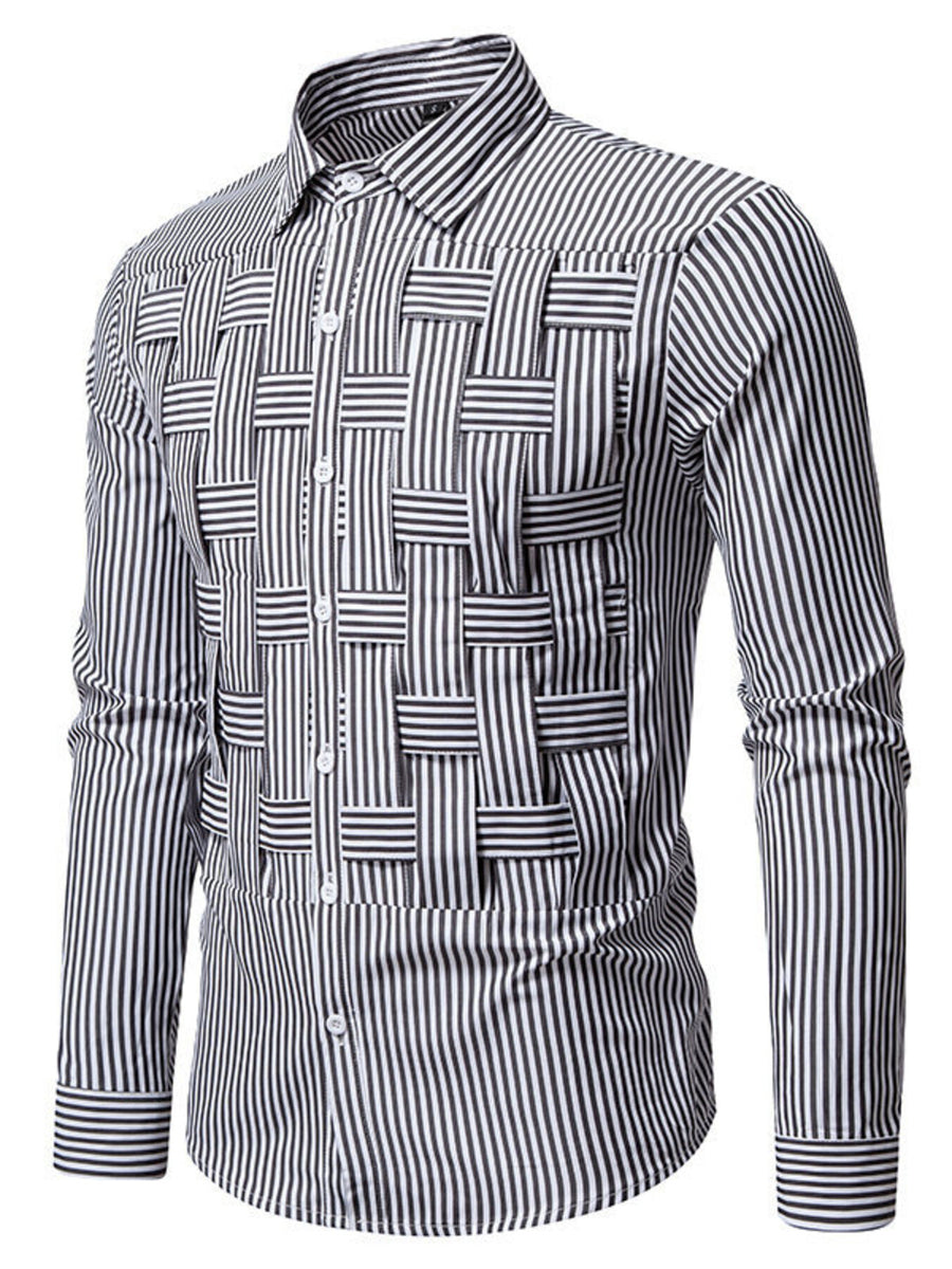 Men's black and white striped long sleeve button-down shirt with woven stripe detail