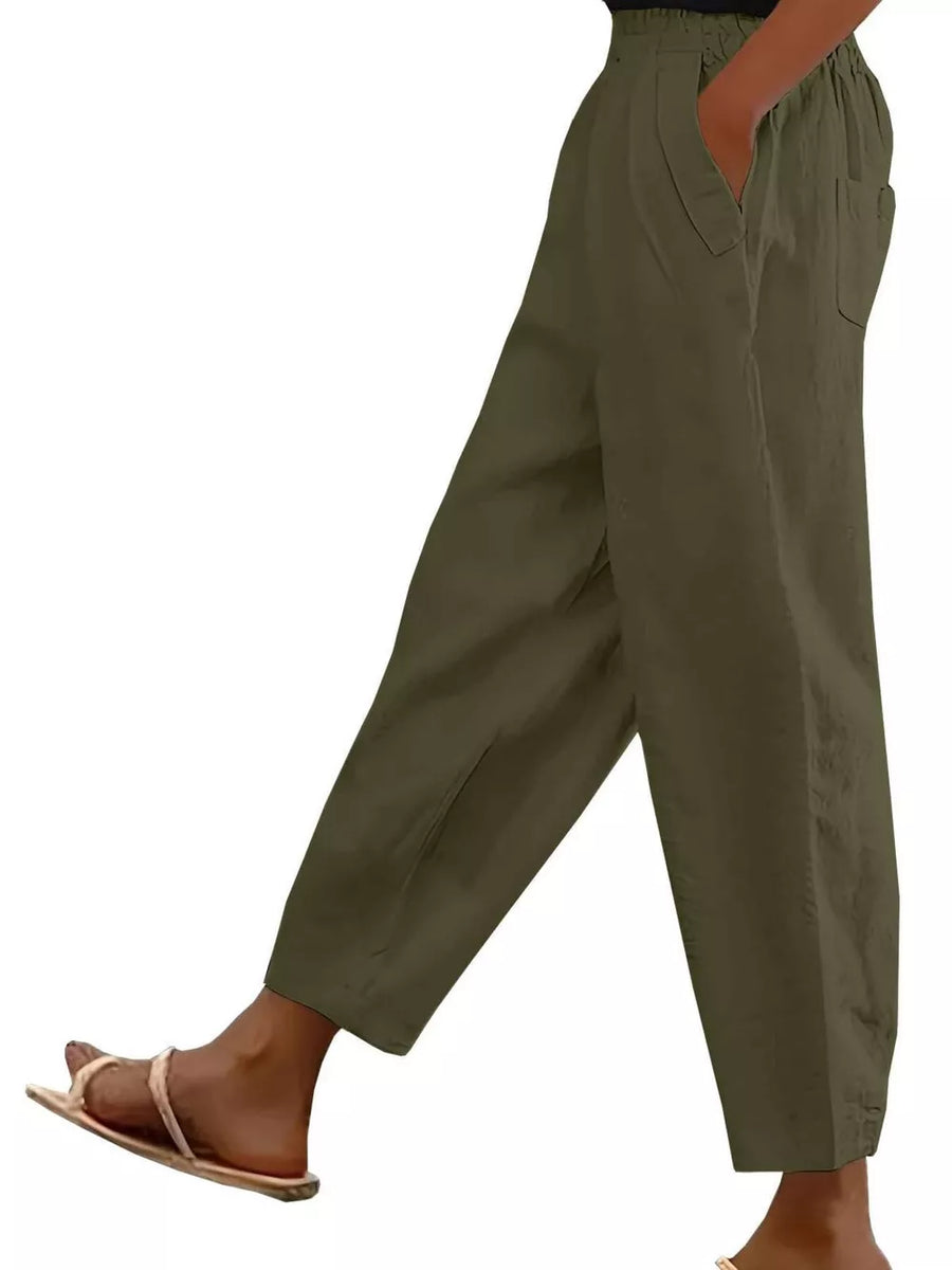 Army green wide-leg maternity pants with pockets and a relaxed fit.