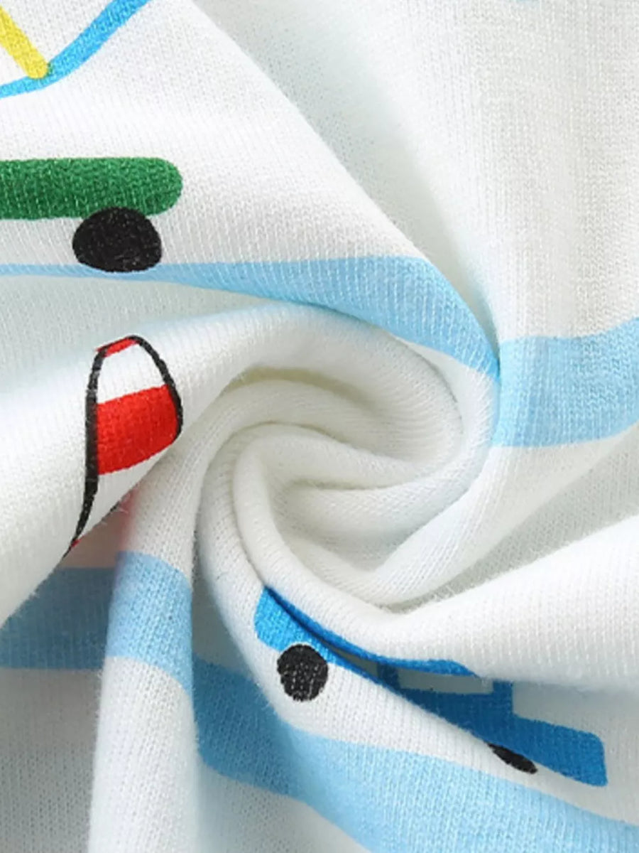 Toddler top and shorts set in white cotton with blue stripes and playful vehicle print.
