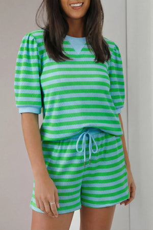 Striped knit top with puff sleeves and matching drawstring shorts in green and blue.