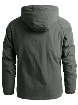 Lightweight hooded windbreaker jacket in Army Green with a plain pattern and long sleeves.