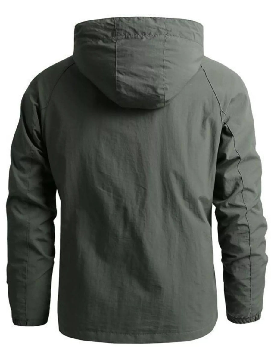 Lightweight hooded windbreaker jacket in Army Green with a plain pattern and long sleeves.
