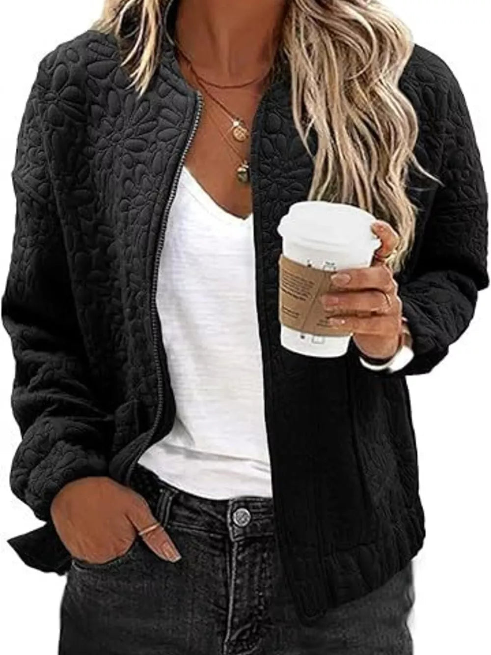 Khaki quilted jacket with hip-length and zip-front