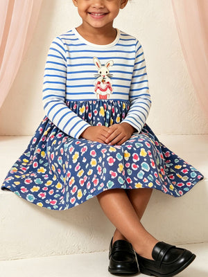 white A-line dress with floral and round neck