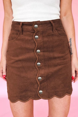Brown with Button Front Corduroy Mini Sheath Skirt