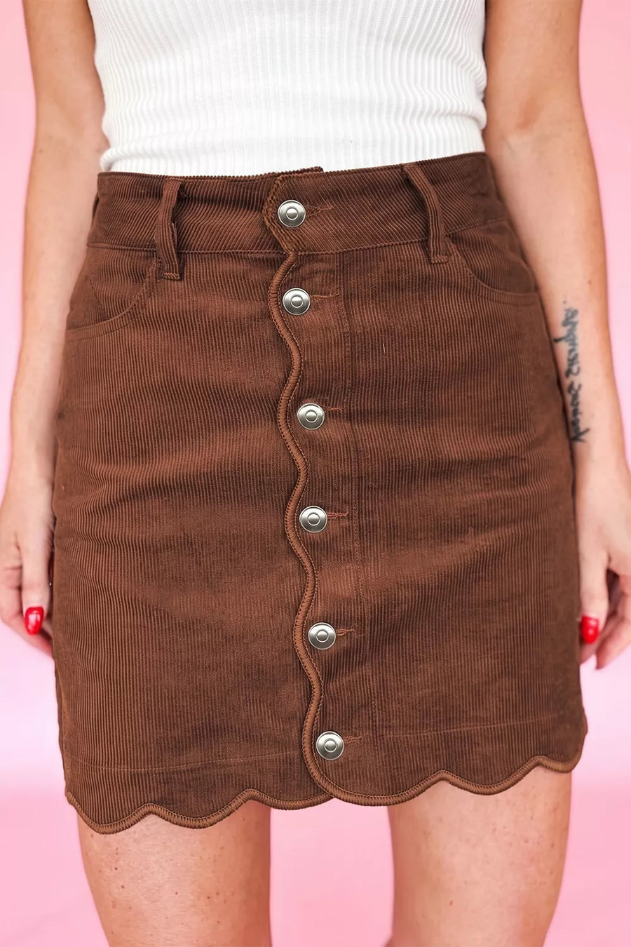 Brown with Button Front Corduroy Mini Sheath Skirt