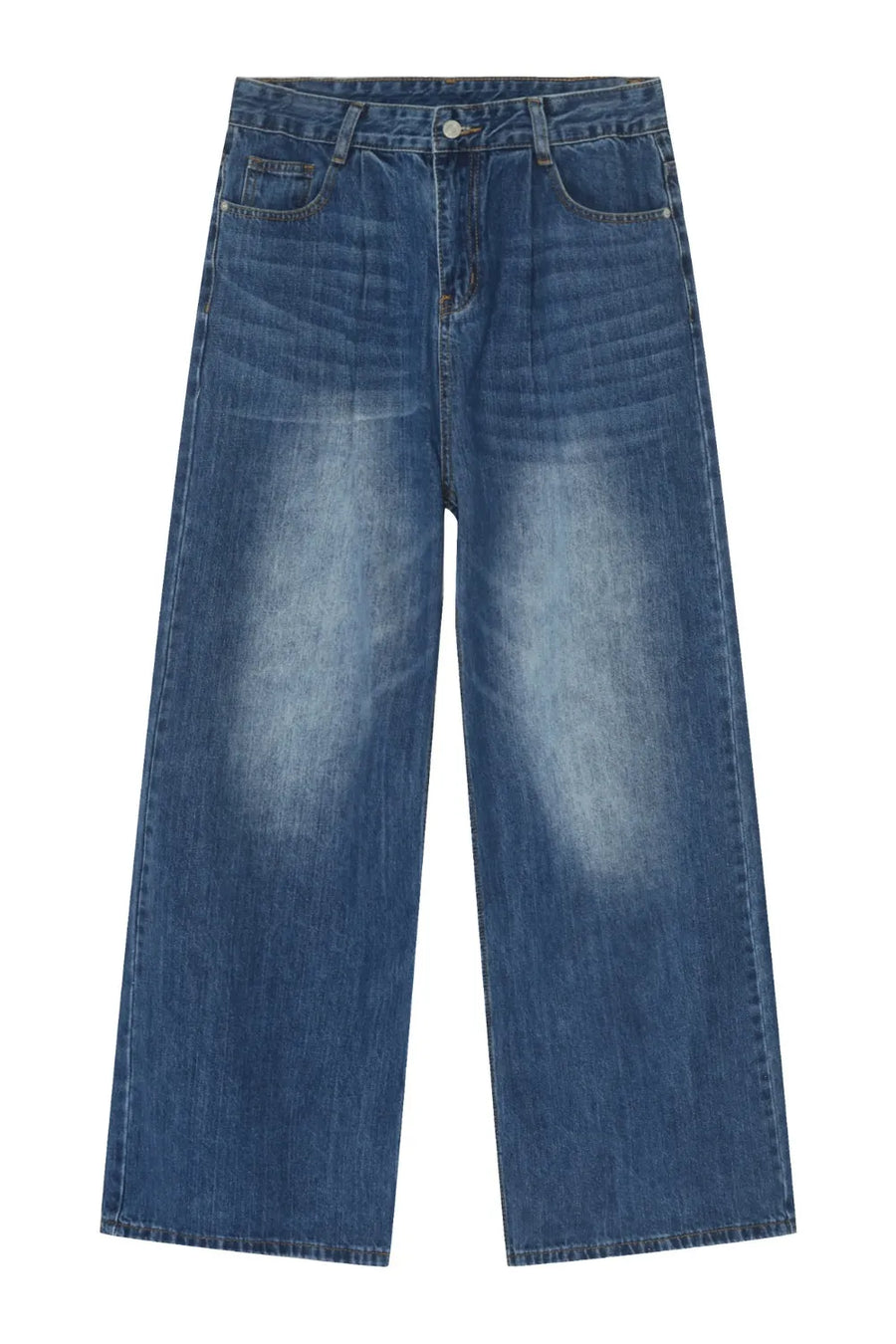 Pleated-front wide-leg denim trousers in peacock blue with a faded wash.