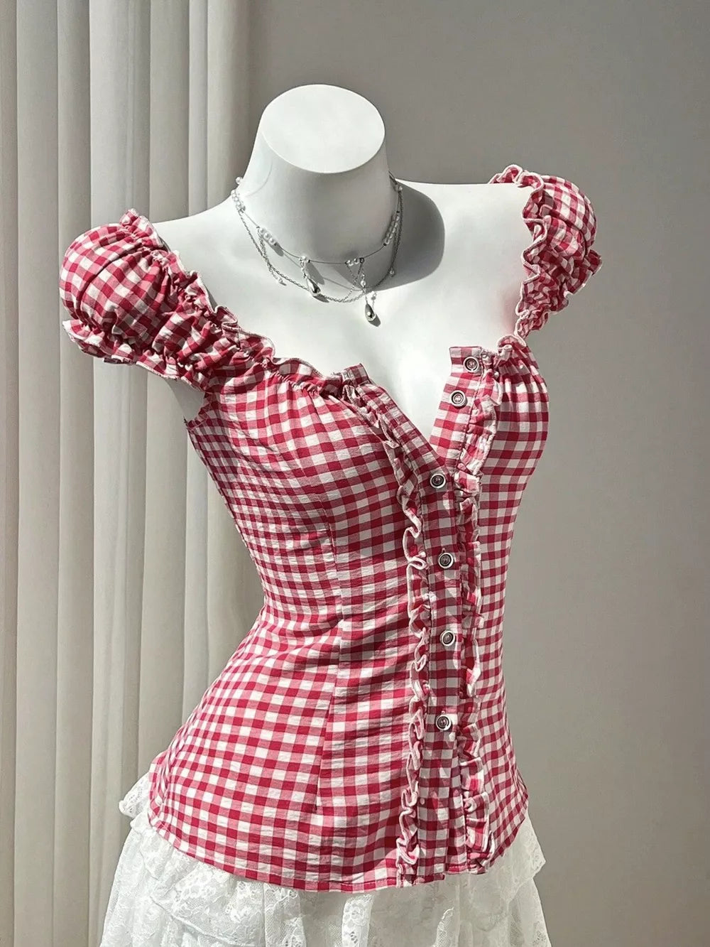 Frill Gingham Cap Sleeve Blouse