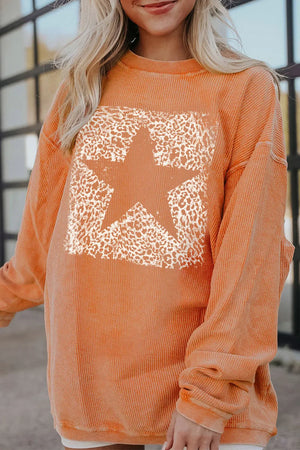 Leopard star graphic ribbed oversized sweatshirt in sherbet orange with crew neck.