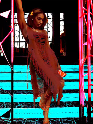Distressed fringe square neck midi dress in orange with avant-garde cutouts and frayed hem.
