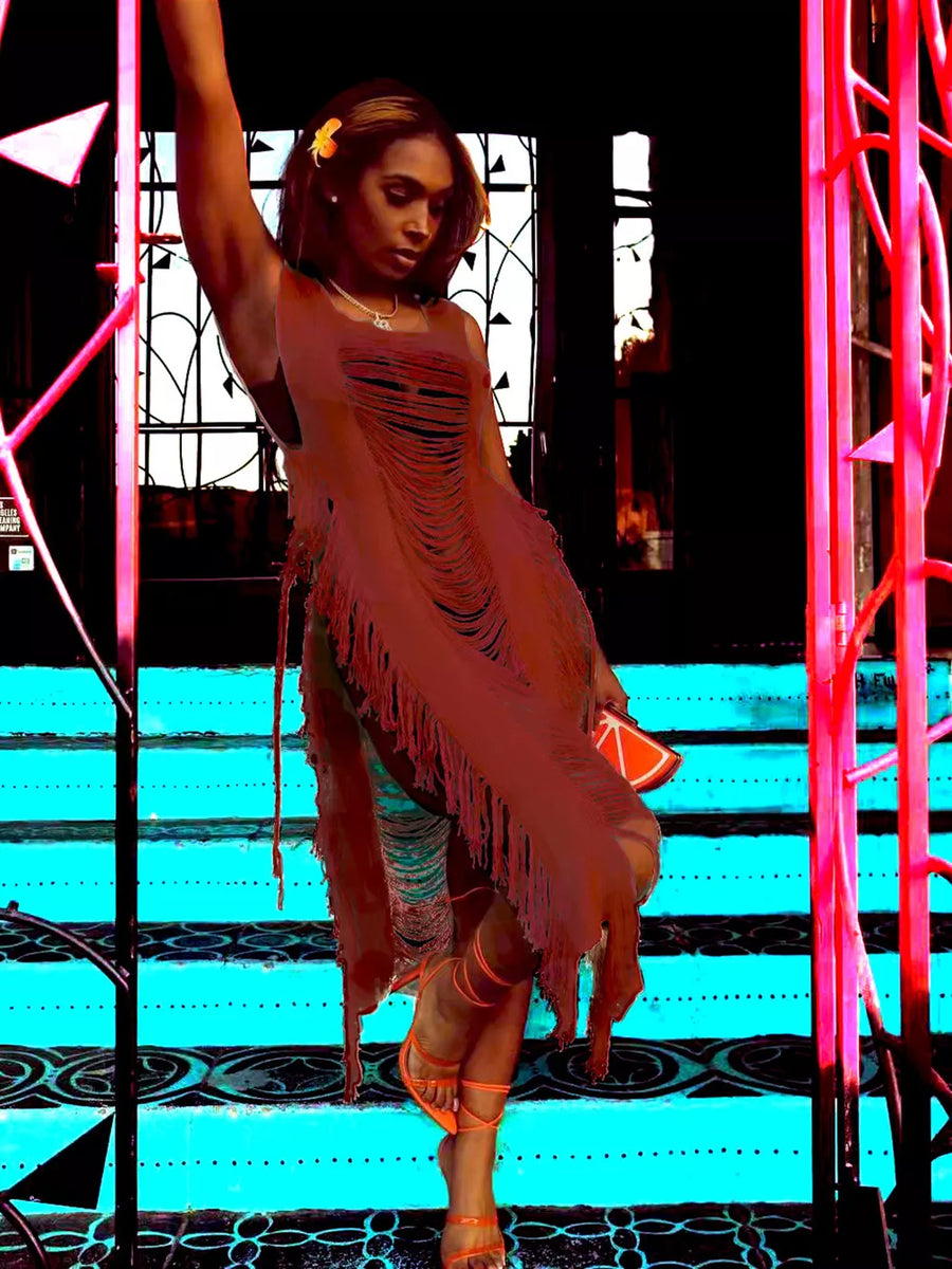 Distressed fringe square neck midi dress in orange with avant-garde cutouts and frayed hem.