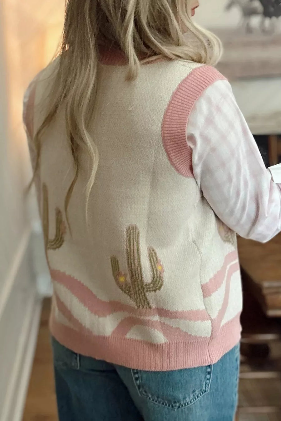 Color Block Cactus Pattern Western Sweater Vest option 4