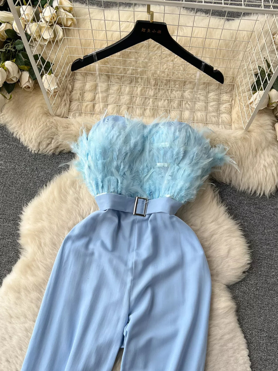 Blue feather trim strapless wide-leg jumpsuit with belted waist