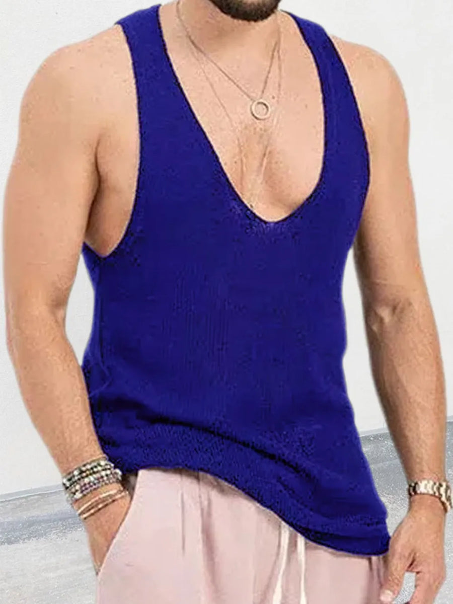 Royal blue knit tank top for him with deep V-neck and textured detail.