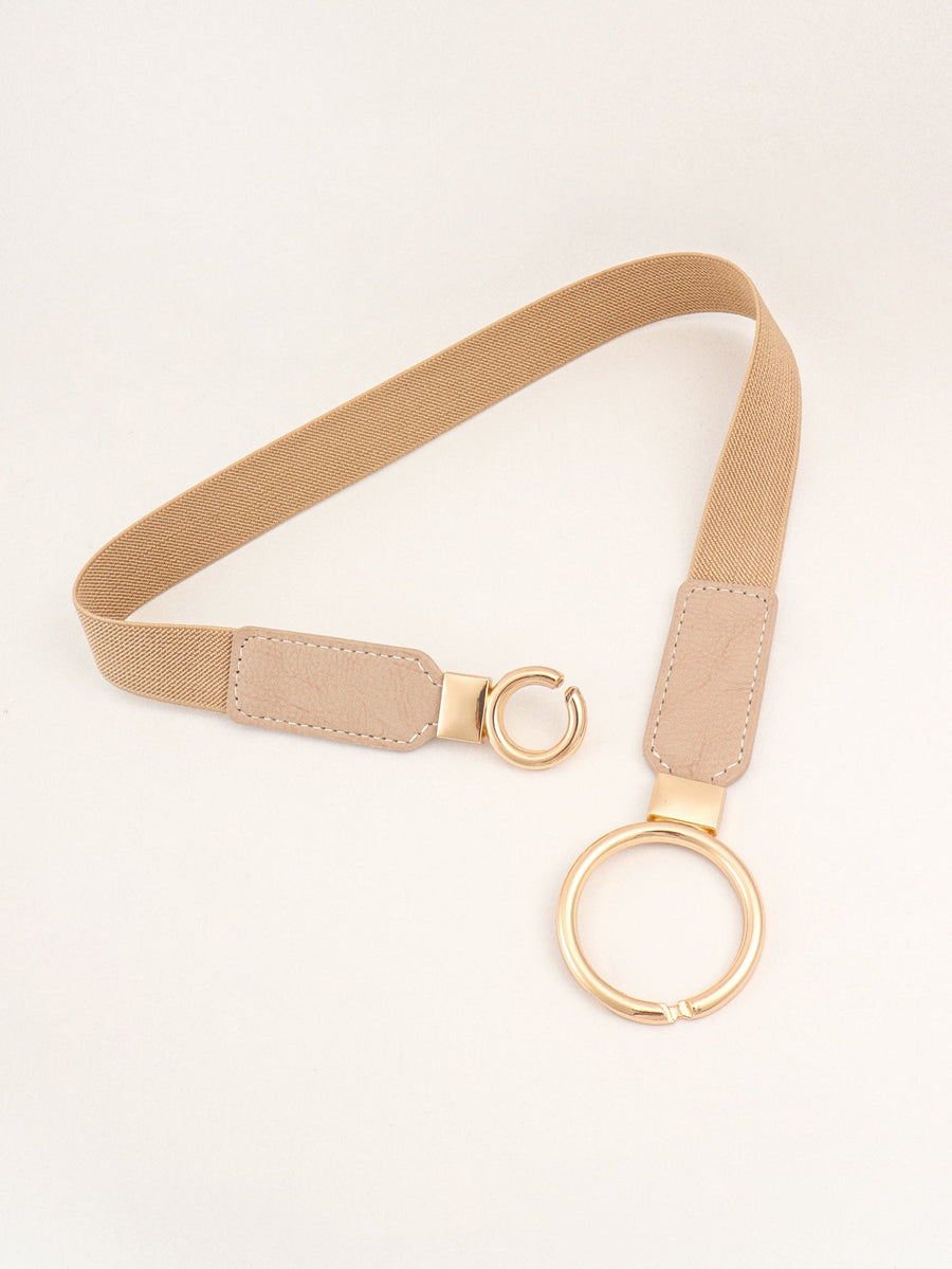 Tan elastic belt with interlocked ring and gold buckle detail