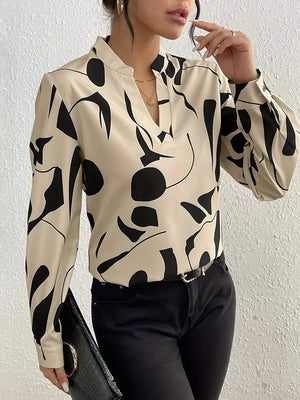 Beige with Abstract Print Notched Long Sleeve Blouse