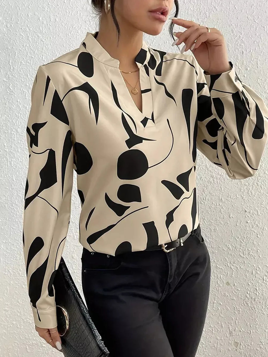 Beige with Abstract Print Notched Long Sleeve Blouse