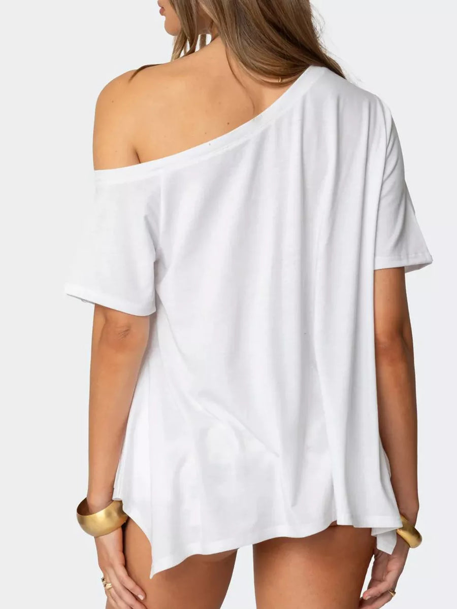White off-shoulder t-shirt with asymmetrical hem and short sleeves.