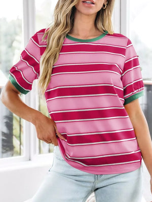 Classic striped crew neck tee in pink and white with green trim.