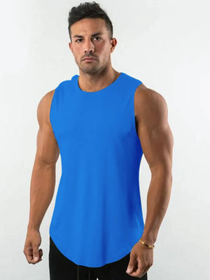 Blue curved hem muscle tank top with a rounded neckline and sleeveless design.