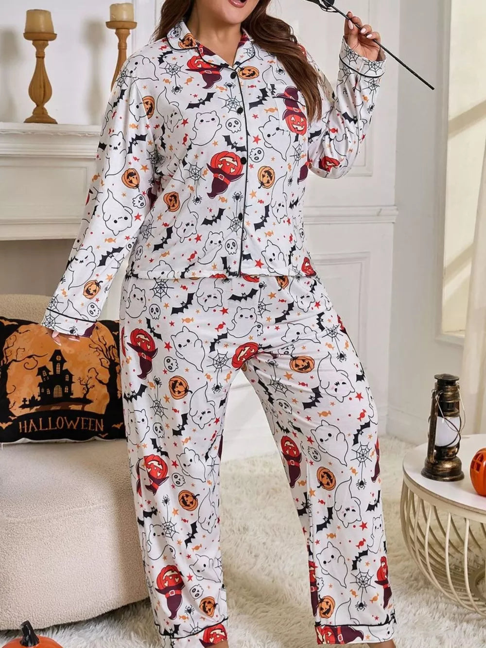 white pajama set with graphic print and collared
