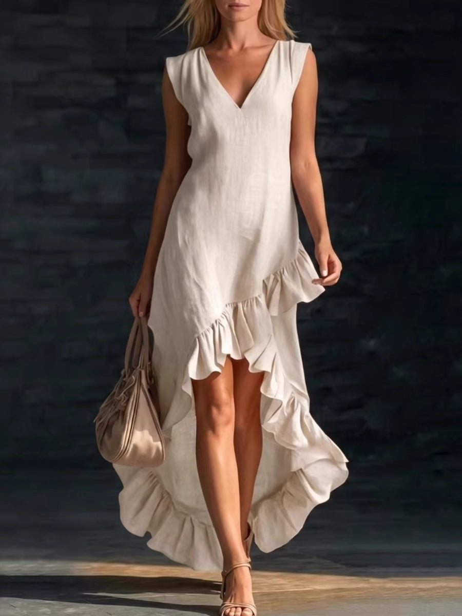 Beige high-low ruffle hem dress with V-neck and sleeveless cut