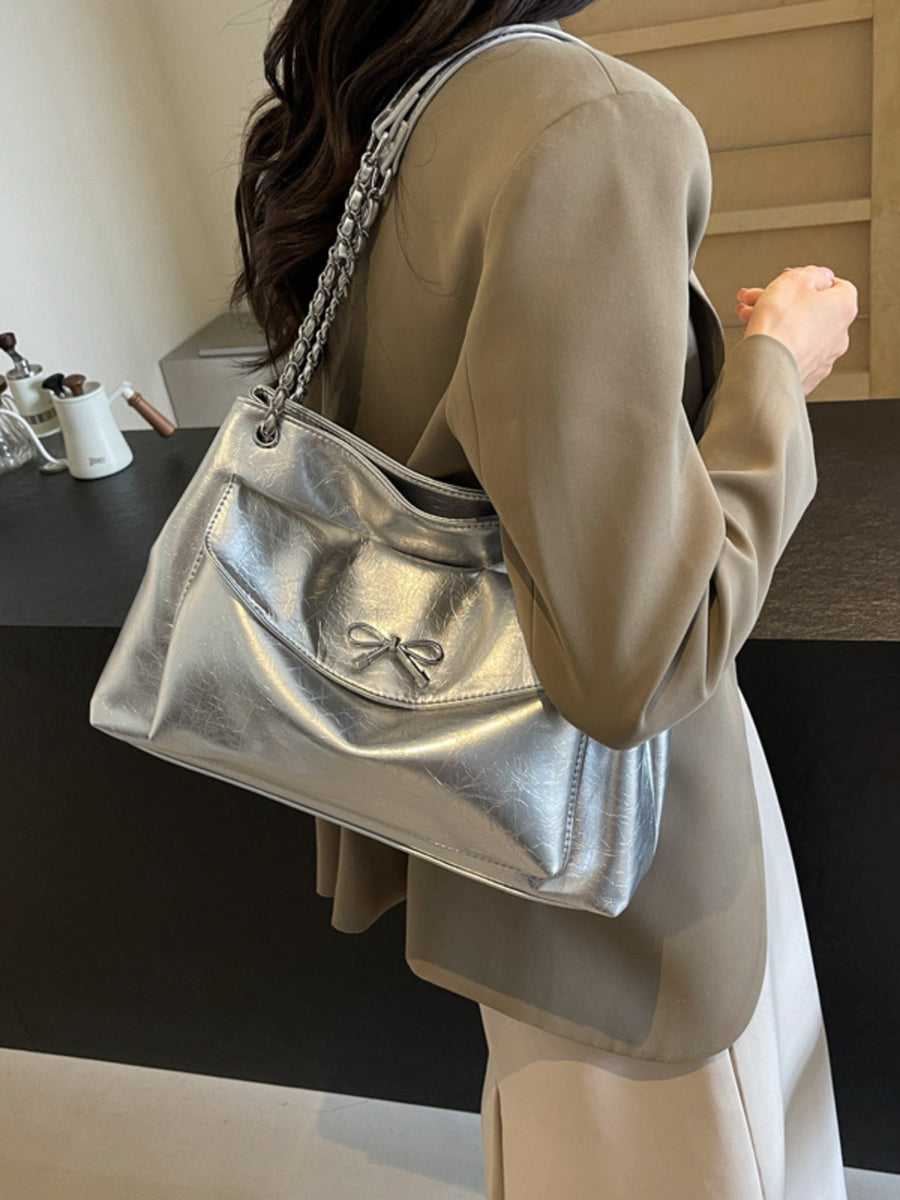 Bow-Accent Shoulder Bag in Silver