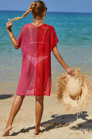 Ombre crochet beach cover-up with V-neck and short sleeves in pink and red.